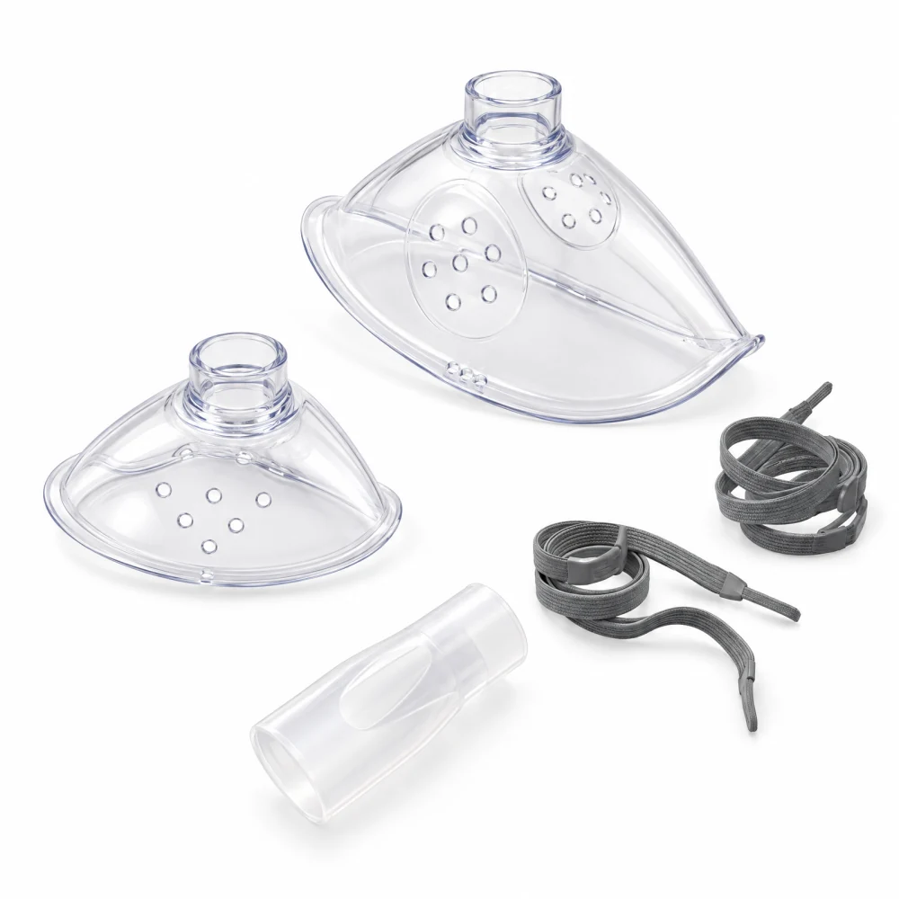 Mayluck accessory set showing one larger adult-size mask, one smaller child-size mask and one mouthpiece, with the mask straps